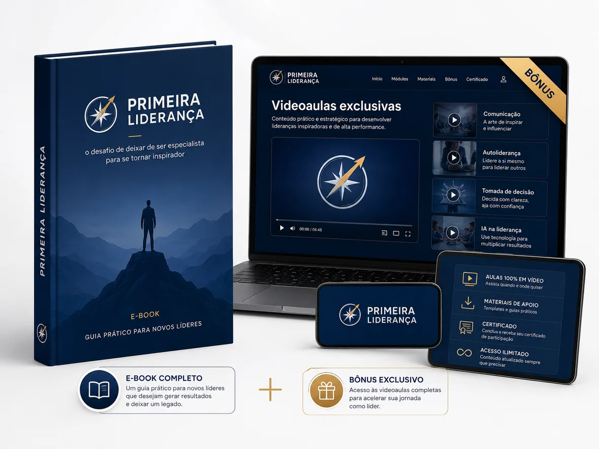 E-book Primeira Liderança e as videoaulas exclusivas em notebook, celular e tablet